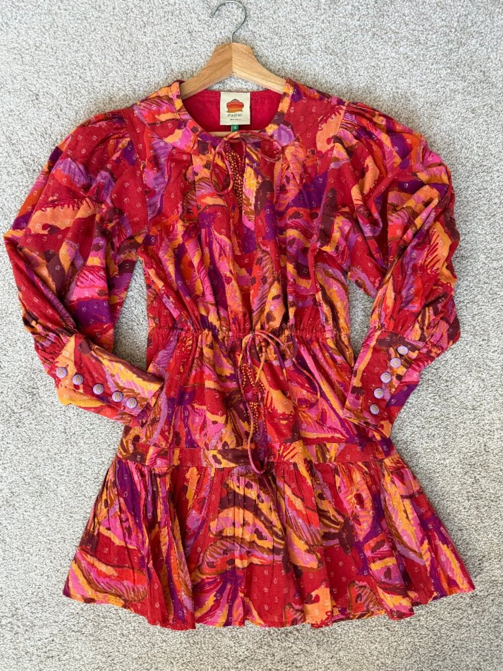 FARM Rio Juicy Banana Print Mini Dress XS Red Pink Puff Sleeve Boho Cotton